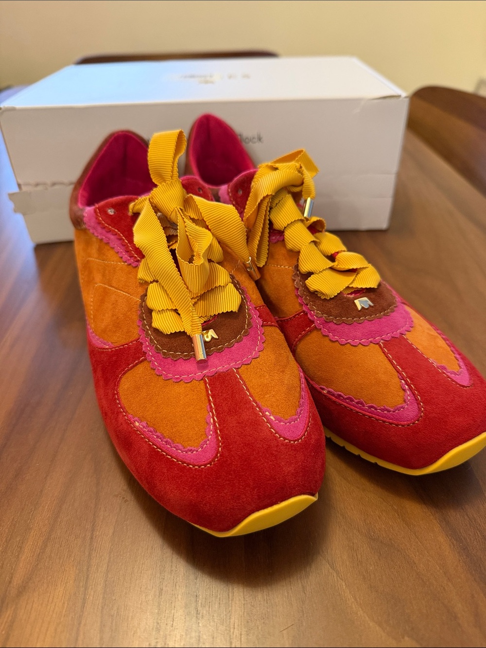 Birdies Colorblock Suede Sneakers in Red, Orange & Pink